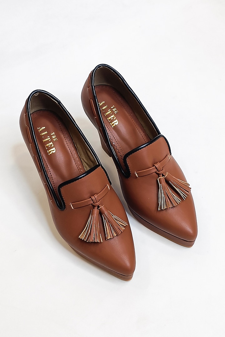 Tan Vegan Faux Leather Oxford Loafer Pumps Heels by The Alter