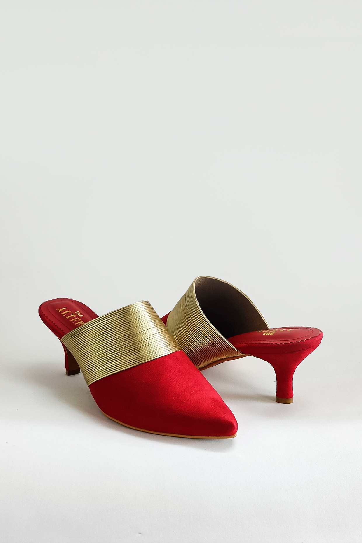 Red Suede Gold Lace Mule Heels by The Alter at Pernia s Pop Up Shop 2025