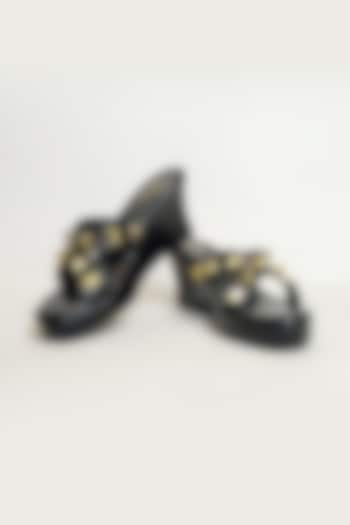 Black Vegan Faux Leather Studded Criss-Cross Wedges by The Alter at Pernia's Pop Up Shop