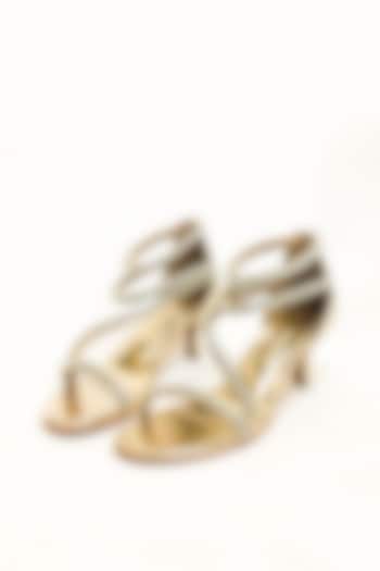 Gold Vegan Faux Leather Rhinestone Embellished Stiletto Heels by The Alter at Pernia's Pop Up Shop