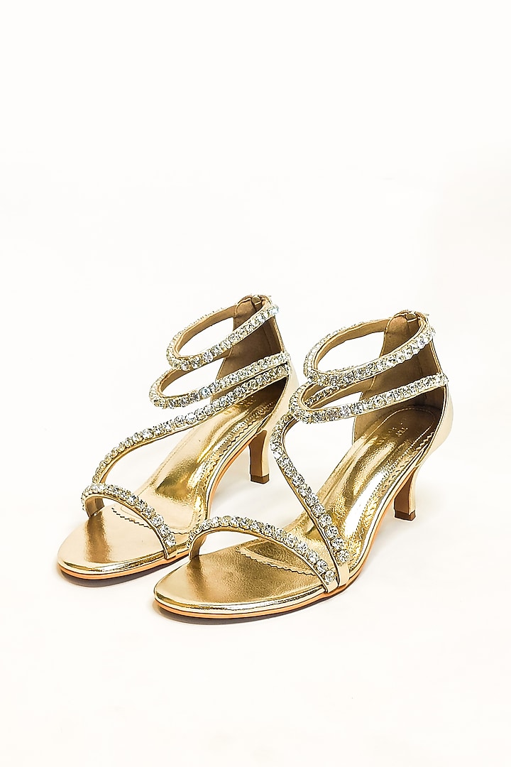 Gold Vegan Faux Leather Rhinestone Embellished Stiletto Heels by The Alter at Pernia's Pop Up Shop