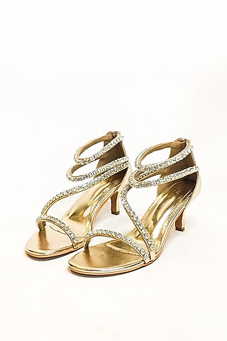 Gold Vegan Faux Leather Rhinestone Embellished Stiletto Heels by The Alter