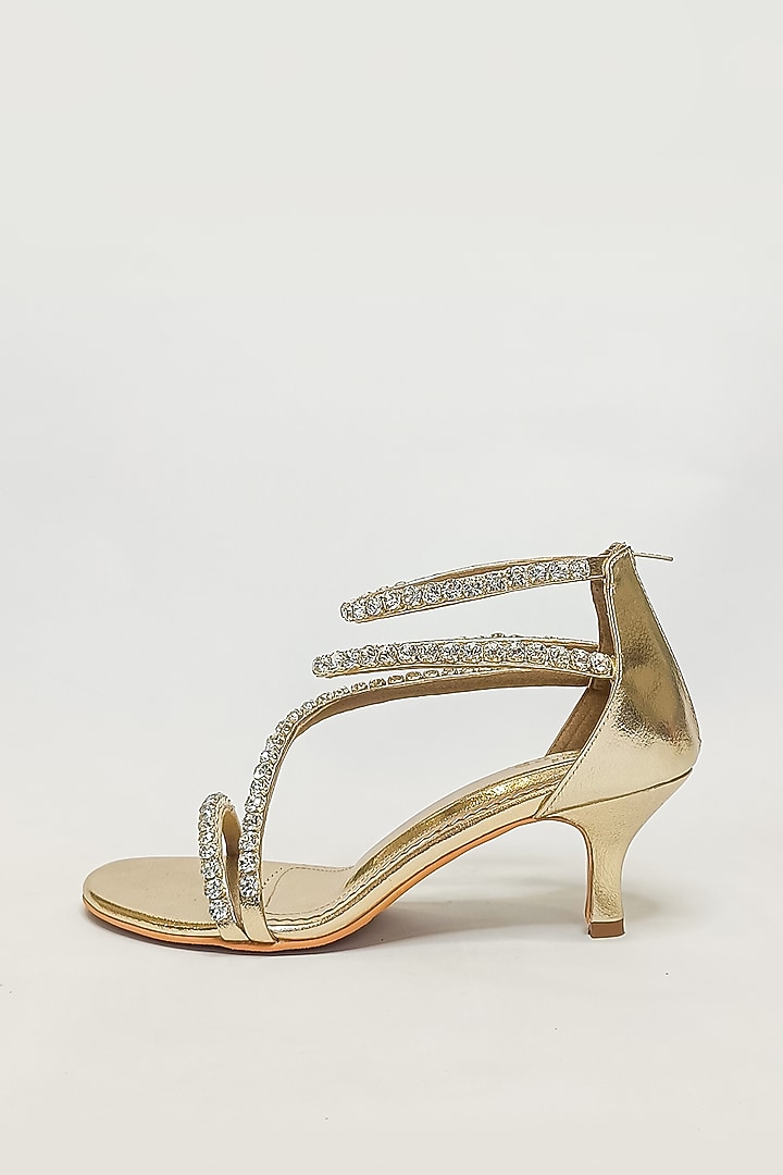 Gold Vegan Faux Leather Rhinestone Embellished Stiletto Heels by The Alter at Pernia's Pop Up Shop