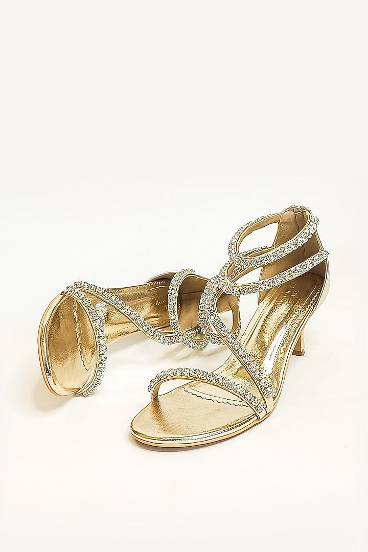 Gold Vegan Faux Leather Rhinestone Embellished Stiletto Heels by The Alter at Pernia's Pop Up Shop