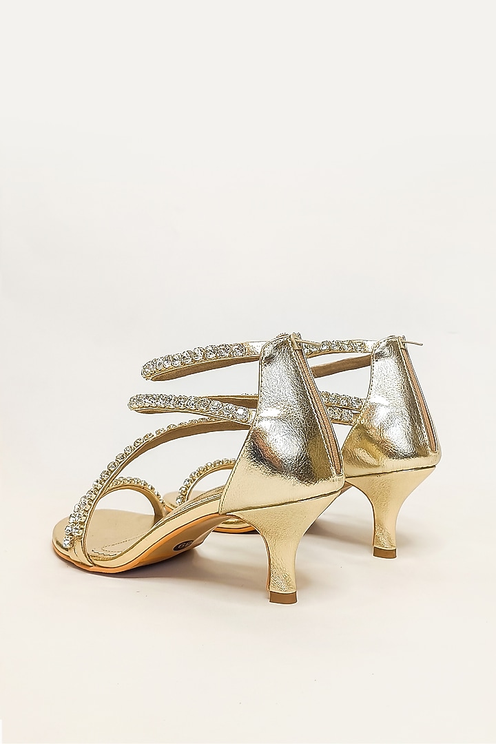 Gold Vegan Faux Leather Rhinestone Embellished Stiletto Heels by The Alter at Pernia's Pop Up Shop