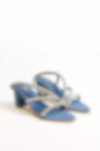 Blue Denim Fabric Rhinestone Embellished Strappy Block Heels by The Alter at Pernia's Pop Up Shop