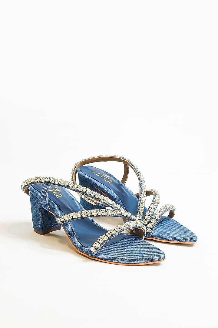 Blue Denim Fabric Rhinestone Embellished Strappy Block Heels by The Alter at Pernia's Pop Up Shop
