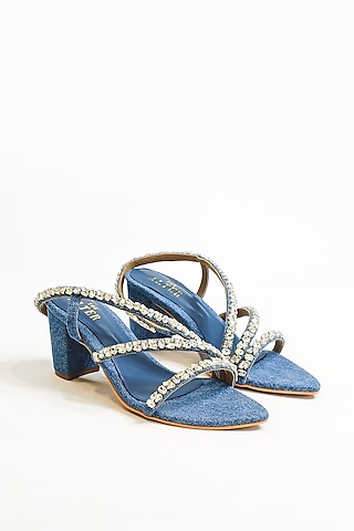 Blue Denim Fabric Rhinestone Embellished Strappy Block Heels by The Alter