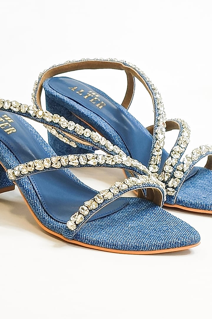 Blue Denim Fabric Rhinestone Embellished Strappy Block Heels by The Alter at Pernia's Pop Up Shop