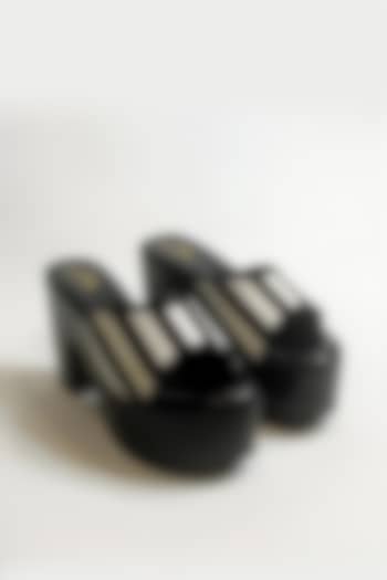 Black & White Vegan Faux Leather Stripe Printed Chunky Block Heels by The Alter at Pernia's Pop Up Shop