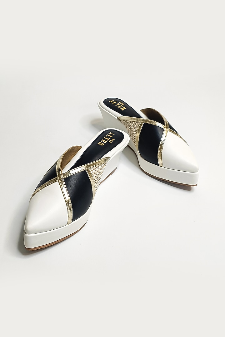Black & White Vegan Faux Leather Pointed Mules by The Alter at Pernia's Pop Up Shop