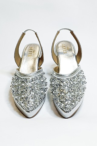 Silver Vegan Faux Leather Embellished Pointed Wedges by The Alter