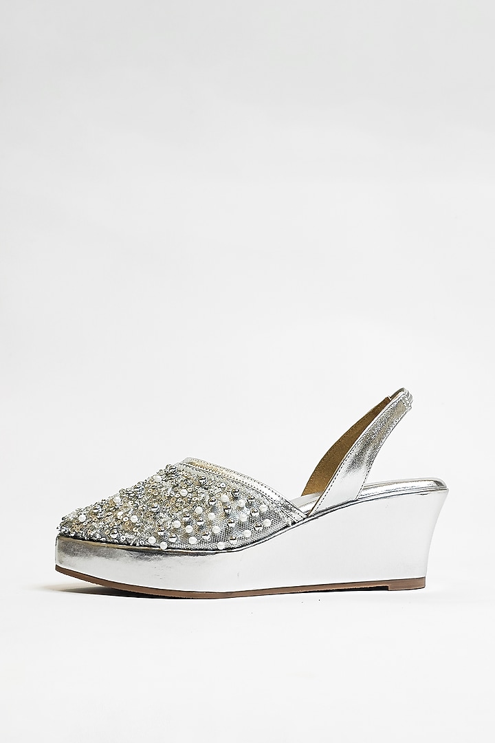 Silver Vegan Faux Leather Embellished Pointed Wedges by The Alter at Pernia's Pop Up Shop
