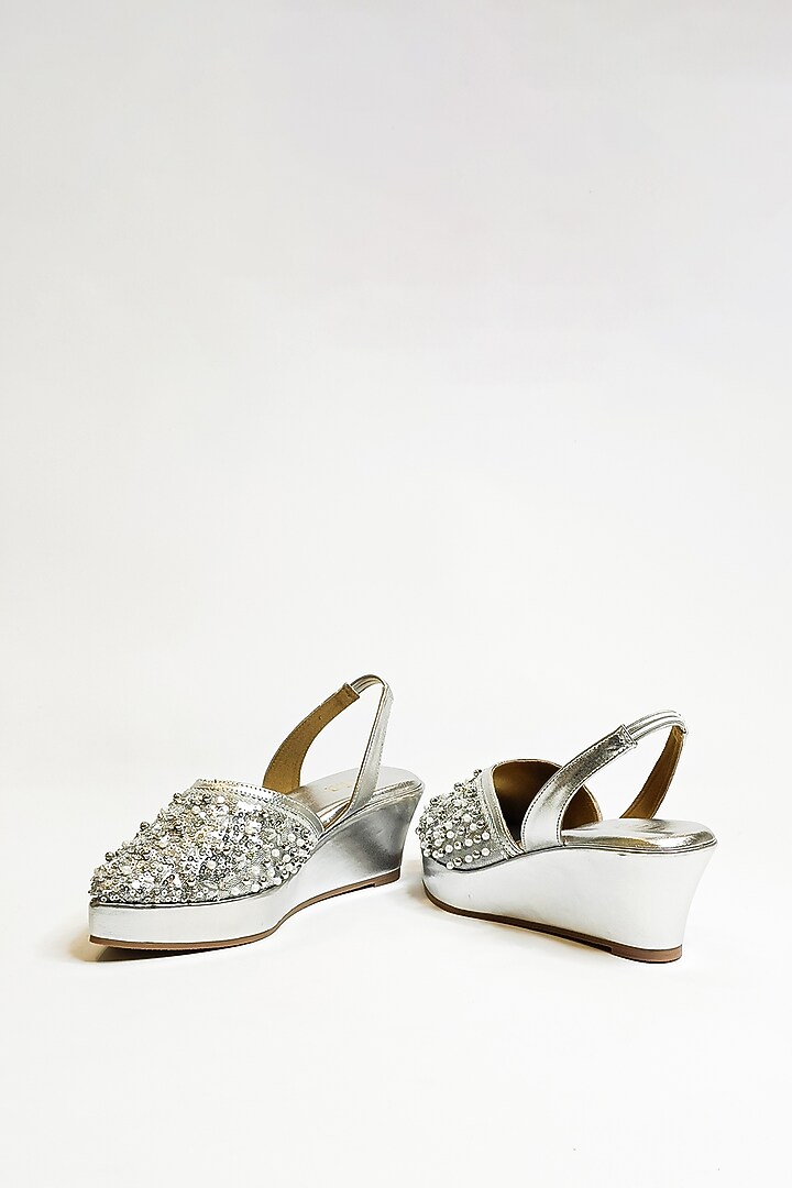 Silver Vegan Faux Leather Embellished Pointed Wedges by The Alter at Pernia's Pop Up Shop