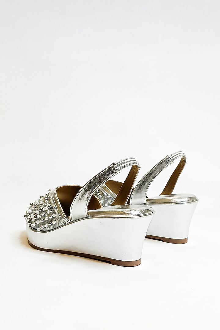 Silver Vegan Faux Leather Embellished Pointed Wedges by The Alter at Pernia's Pop Up Shop