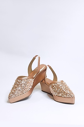 Rose Gold Vegan Faux Leather Embellished Pointed Wedges by The Alter