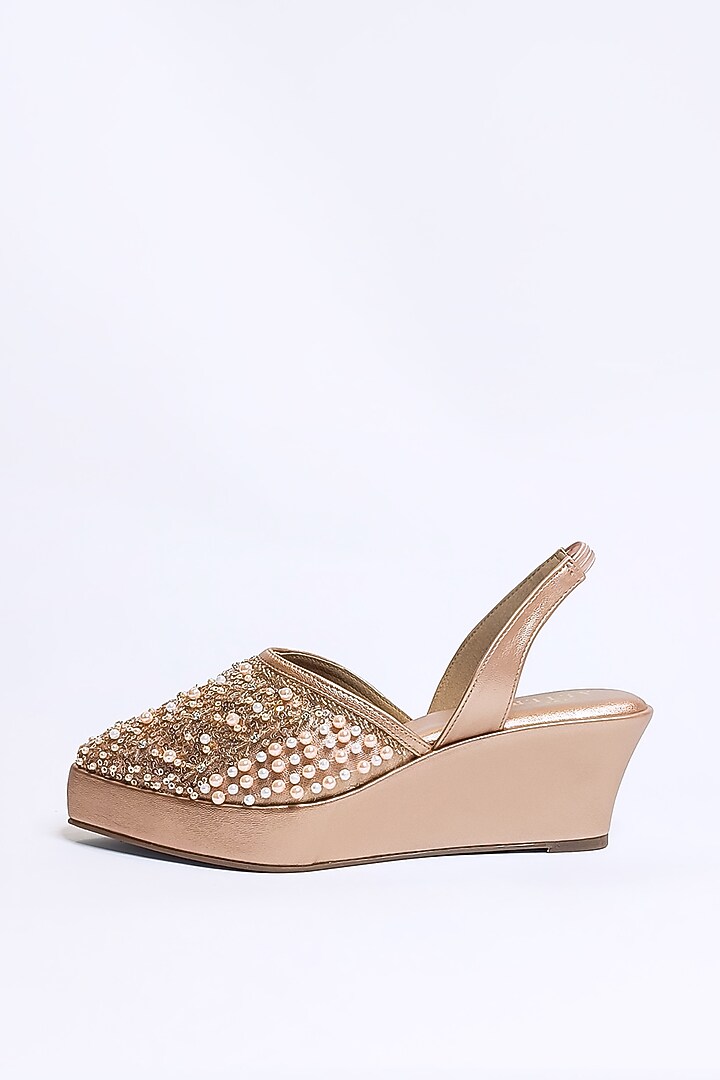 Rose Gold Vegan Faux Leather Embellished Pointed Wedges by The Alter at Pernia's Pop Up Shop