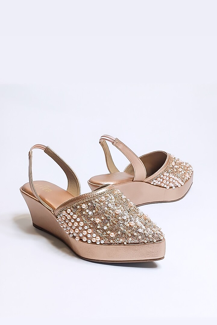 Rose Gold Vegan Faux Leather Embellished Pointed Wedges by The Alter at Pernia's Pop Up Shop