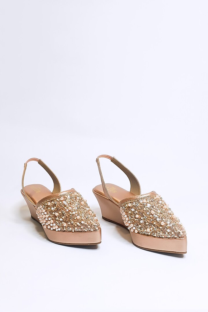 Rose Gold Vegan Faux Leather Embellished Pointed Wedges by The Alter at Pernia's Pop Up Shop