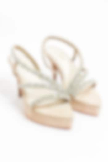 Beige Suede Rhinestone Embellished Strappy Stiletto Heels by The Alter at Pernia's Pop Up Shop