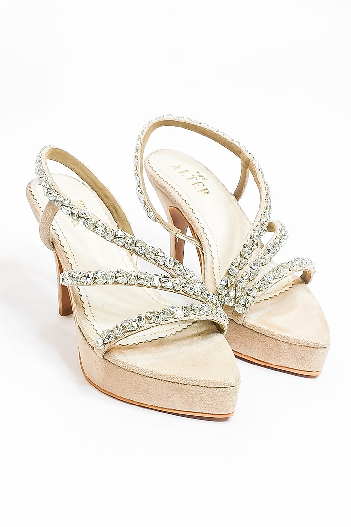Beige Suede Rhinestone Embellished Strappy Stiletto Heels by The Alter at Pernia's Pop Up Shop