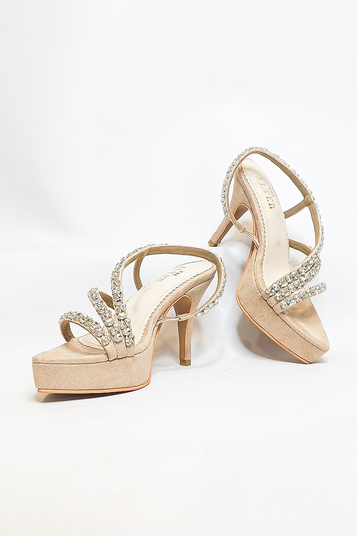 Beige Suede Rhinestone Embellished Strappy Stiletto Heels by The Alter at Pernia's Pop Up Shop