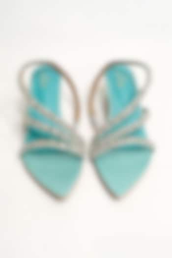 Sea Green Satin Rhinestone Embellished Strappy Block Heels by The Alter at Pernia's Pop Up Shop
