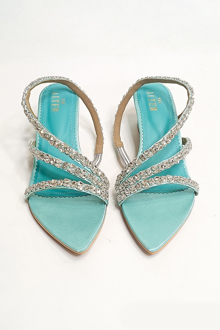 Sea Green Satin Rhinestone Embellished Strappy Block Heels by The Alter at Pernia's Pop Up Shop