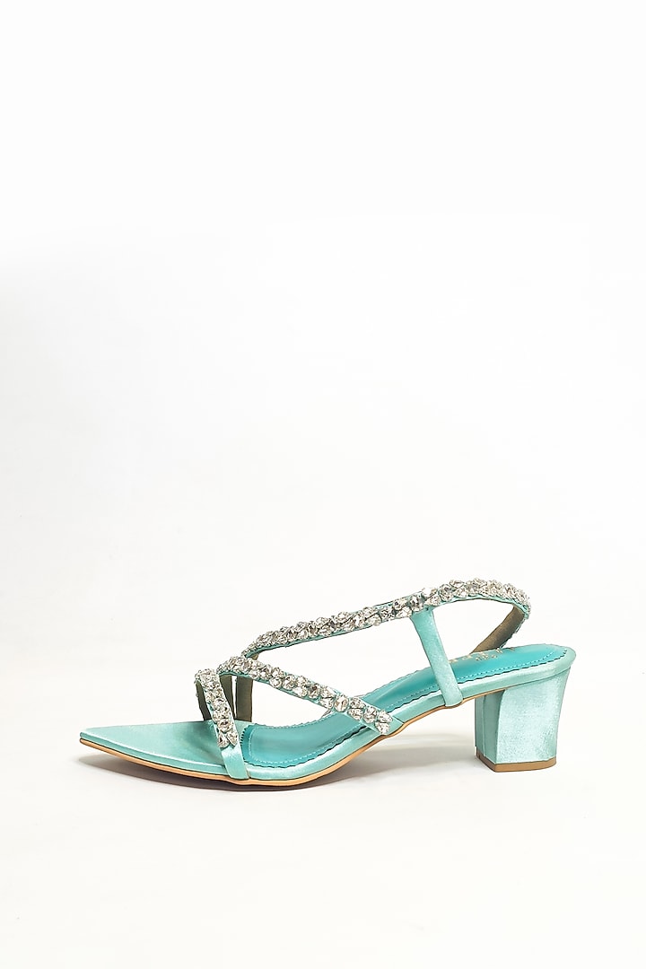 Sea Green Satin Rhinestone Embellished Strappy Block Heels by The Alter at Pernia's Pop Up Shop