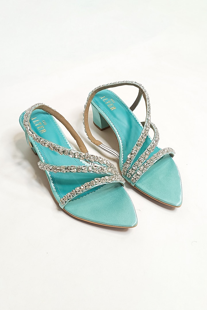 Sea Green Satin Rhinestone Embellished Strappy Block Heels by The Alter at Pernia's Pop Up Shop