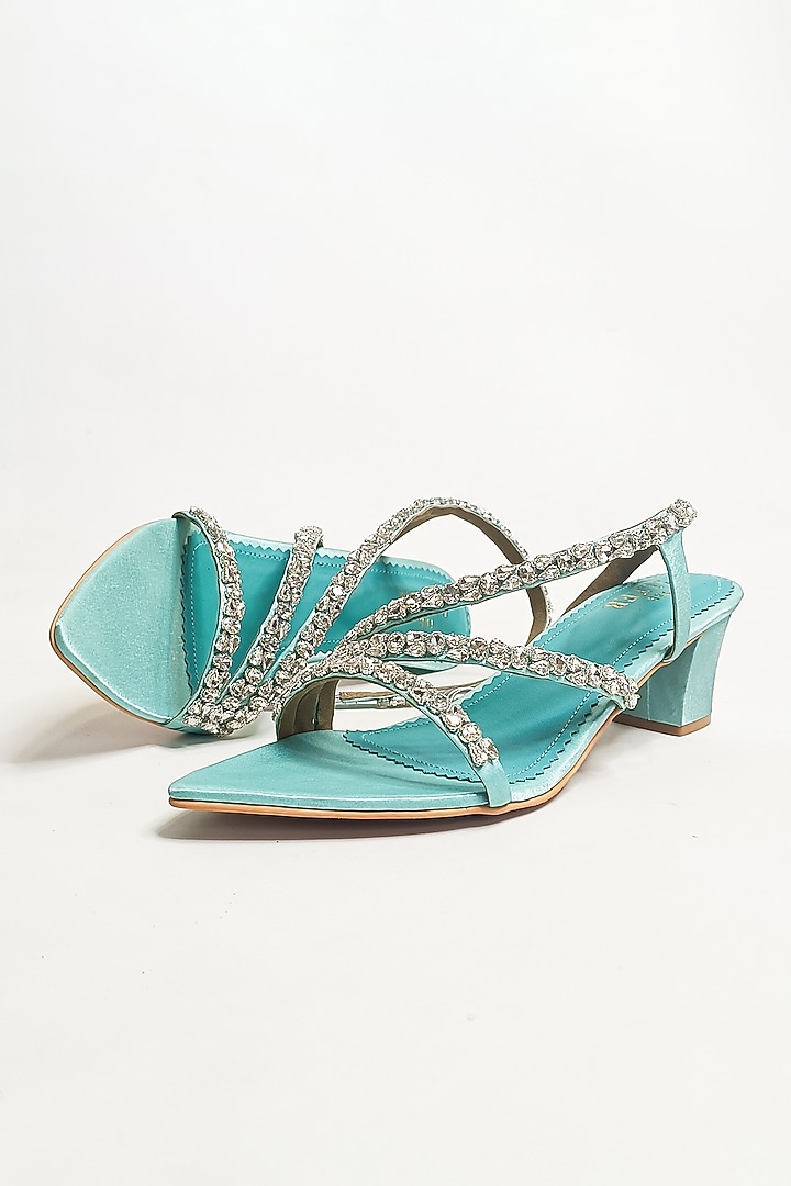 Sea Green Satin Rhinestone Embellished Strappy Block Heels by The Alter at Pernia's Pop Up Shop