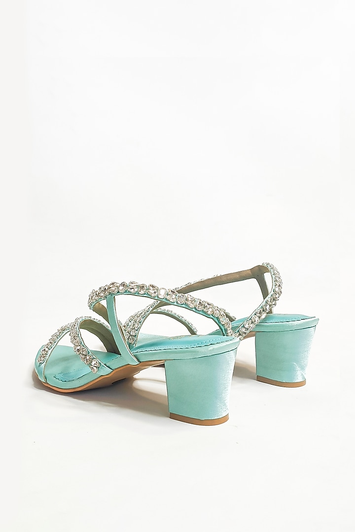 Sea Green Satin Rhinestone Embellished Strappy Block Heels by The Alter at Pernia's Pop Up Shop