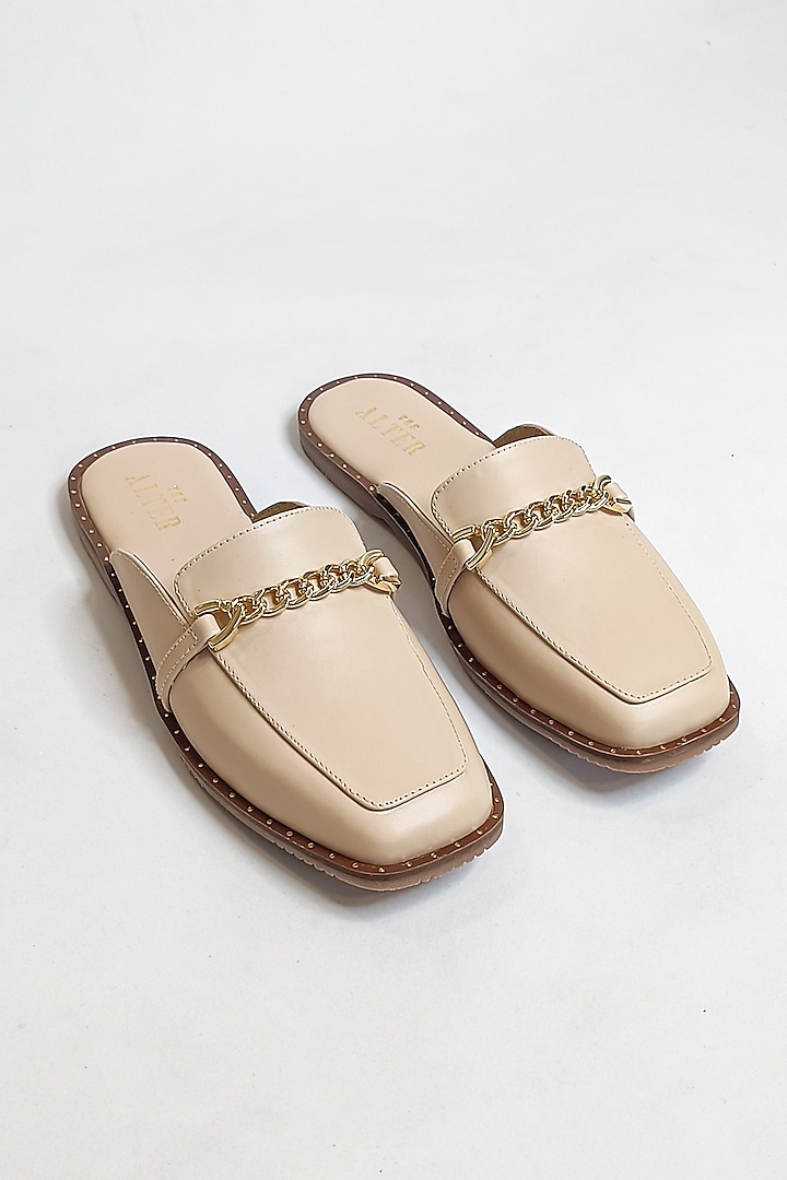 Beige Vegan Faux Leather Buckled Mules by The Alter at Pernia's Pop Up Shop