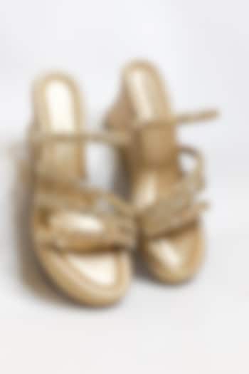 Light Gold Vegan Faux Leather Rhinestone Embellished Strappy Wedges by The Alter at Pernia's Pop Up Shop