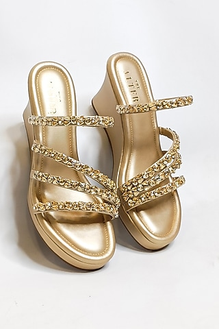 Light Gold Vegan Faux Leather Rhinestone Embellished Strappy Wedges by The Alter