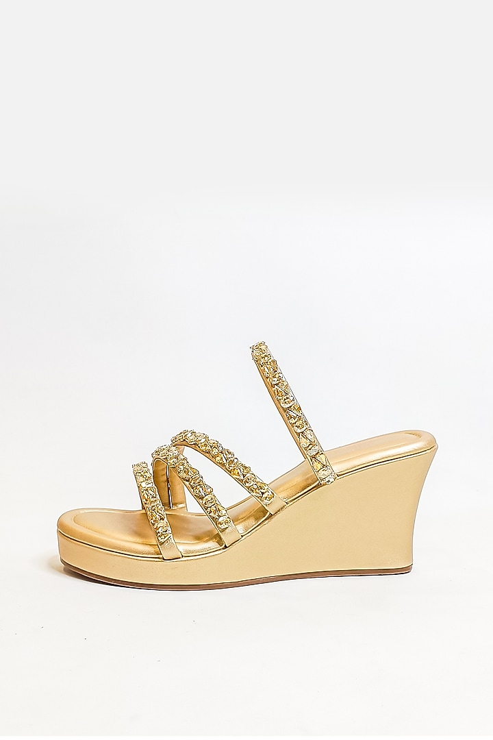 Light Gold Vegan Faux Leather Rhinestone Embellished Strappy Wedges by The Alter at Pernia's Pop Up Shop