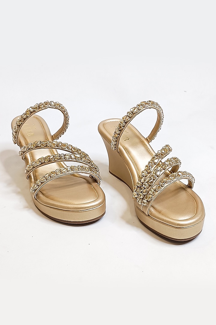 Light Gold Vegan Faux Leather Rhinestone Embellished Strappy Wedges by The Alter at Pernia's Pop Up Shop