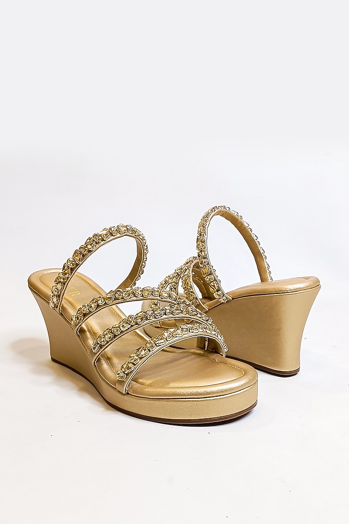 Light Gold Vegan Faux Leather Rhinestone Embellished Strappy Wedges by The Alter at Pernia's Pop Up Shop