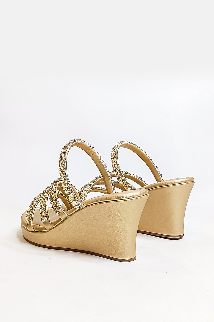 Light Gold Vegan Faux Leather Rhinestone Embellished Strappy Wedges by The Alter at Pernia's Pop Up Shop