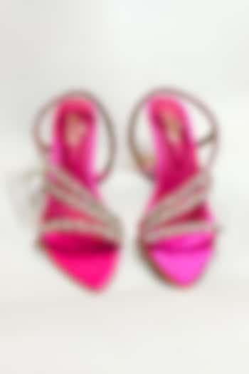 Hot Pink Satin Rhinestone Embellished Strappy Stiletto Heels by The Alter at Pernia's Pop Up Shop