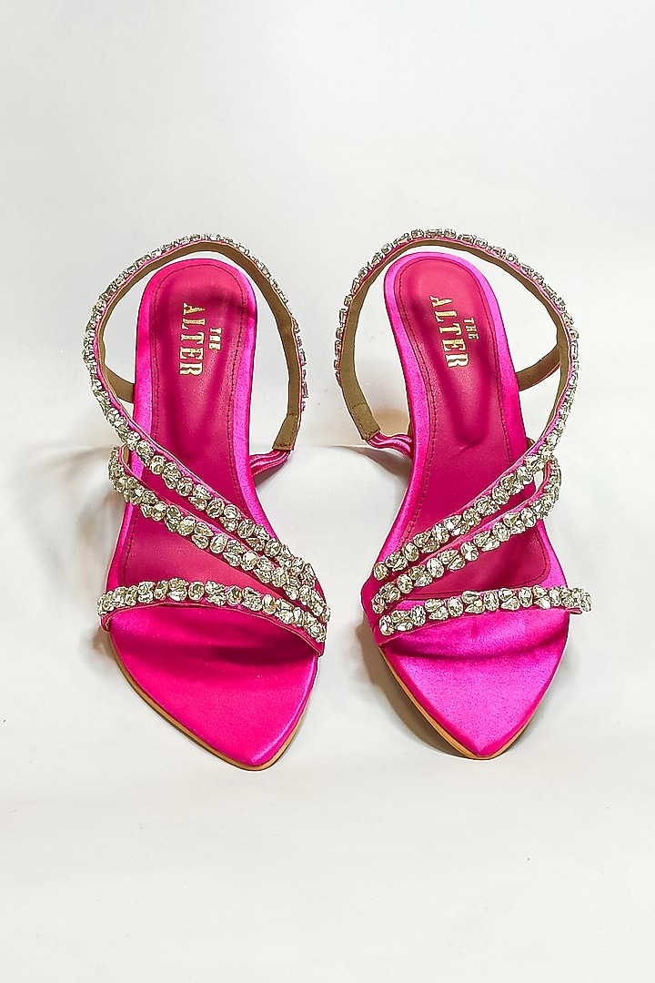Hot Pink Satin Rhinestone Embellished Strappy Stiletto Heels by The Alter at Pernia's Pop Up Shop