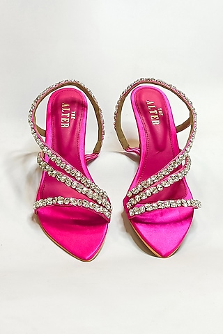 Hot Pink Satin Rhinestone Embellished Strappy Stiletto Heels by The Alter