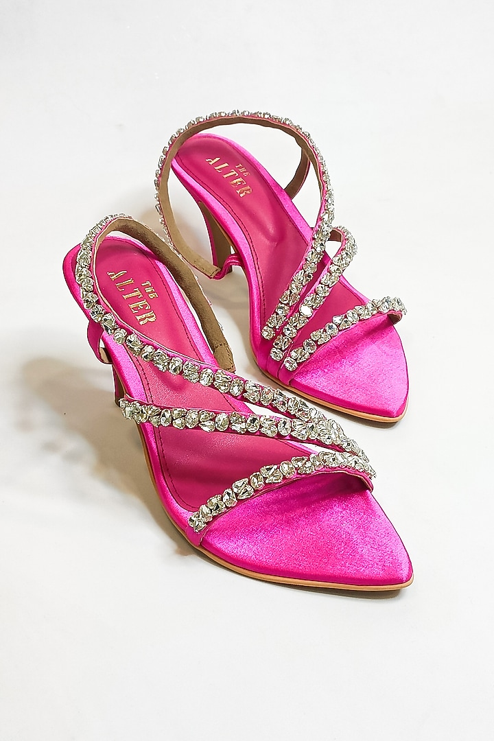 Hot Pink Satin Rhinestone Embellished Strappy Stiletto Heels by The Alter at Pernia's Pop Up Shop