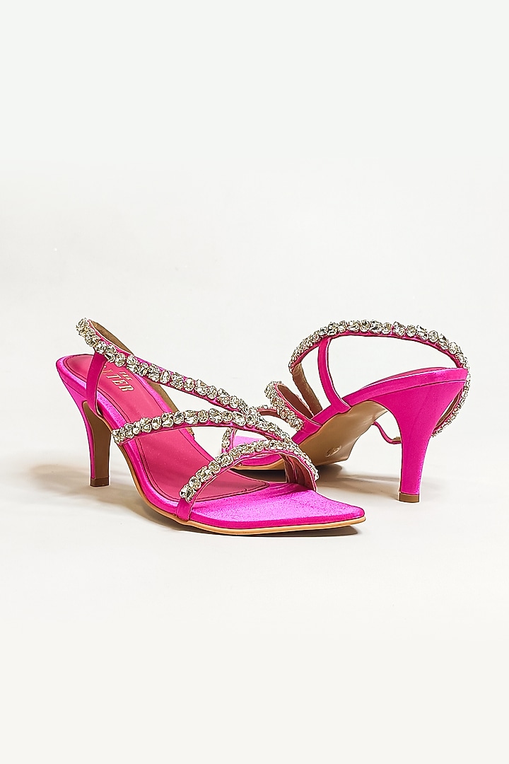 Hot Pink Satin Rhinestone Embellished Strappy Stiletto Heels by The Alter at Pernia's Pop Up Shop
