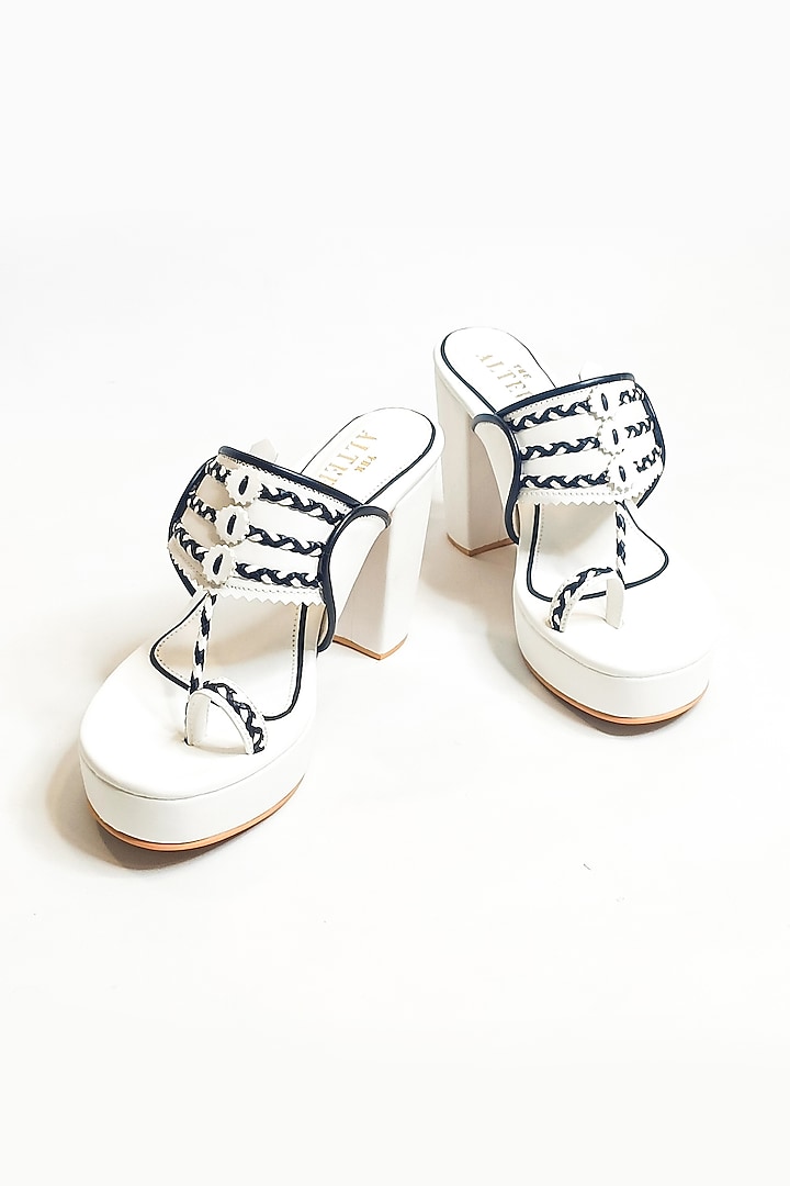 White & Black Vegan Faux Leather Platform Block Heels by The Alter at Pernia's Pop Up Shop