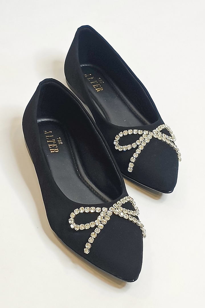 Black Vegan Faux Leather Embellished Pointed Flats by The Alter at Pernia's Pop Up Shop