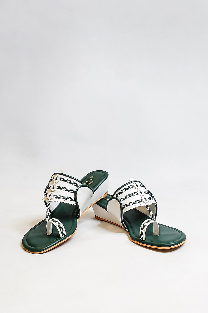 Green & White Vegan Faux Leather Block Heels by The Alter at Pernia's Pop Up Shop