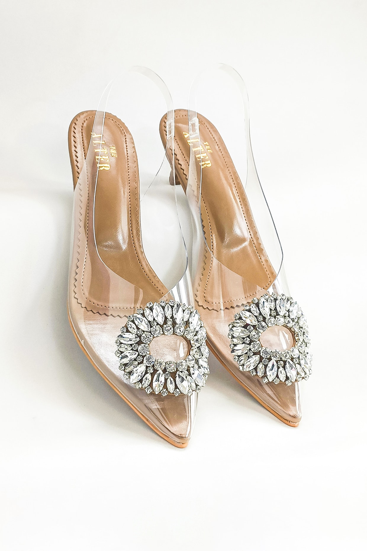 Beige Faux Leather Rhinestone Embellished Transparent Kitten Heels by The Alter at Pernia s Pop Up Shop 2024