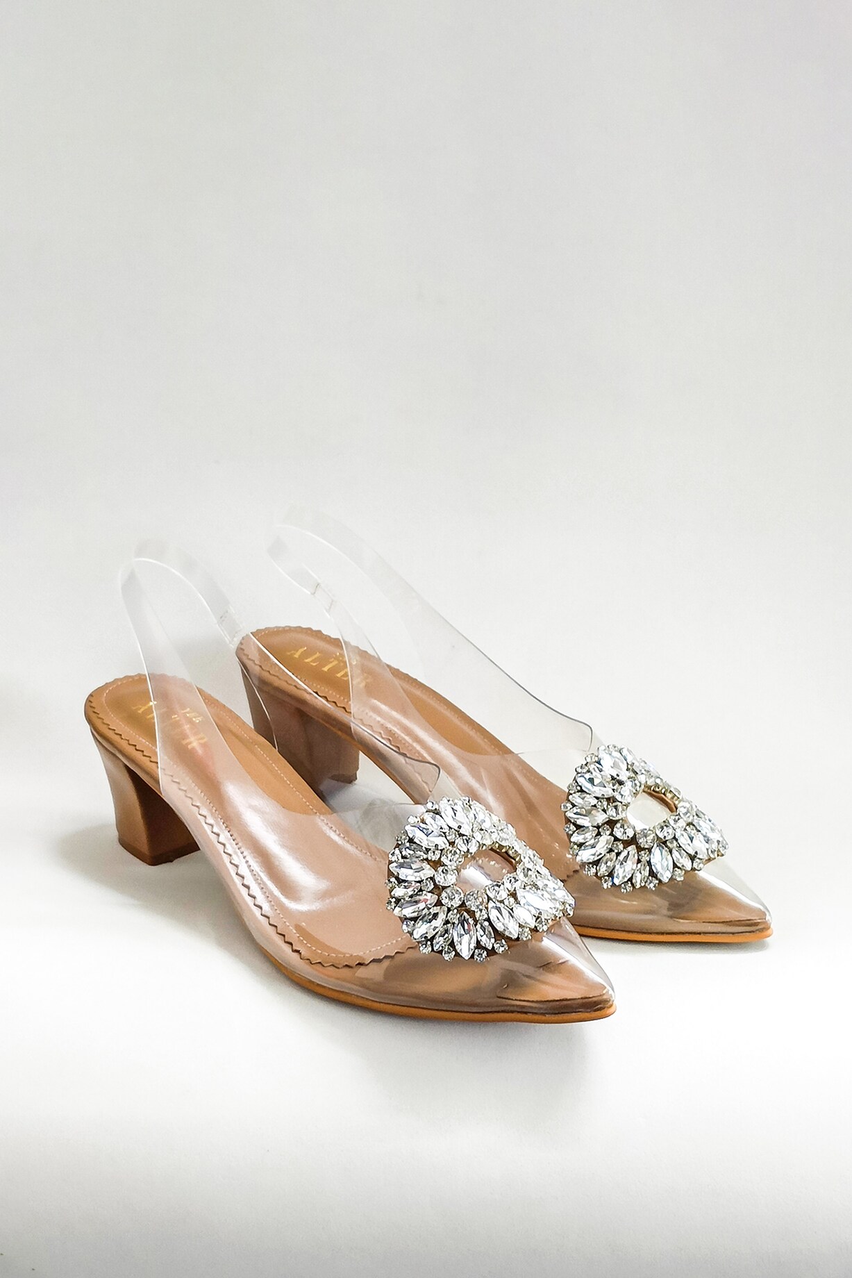 Beige Faux Leather Rhinestone Embellished Transparent Block Heels
