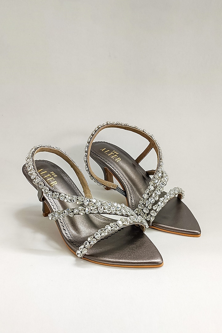 Grey Faux Leather Rhinestone Embellished Stiletto Heels by The Alter at Pernia's Pop Up Shop